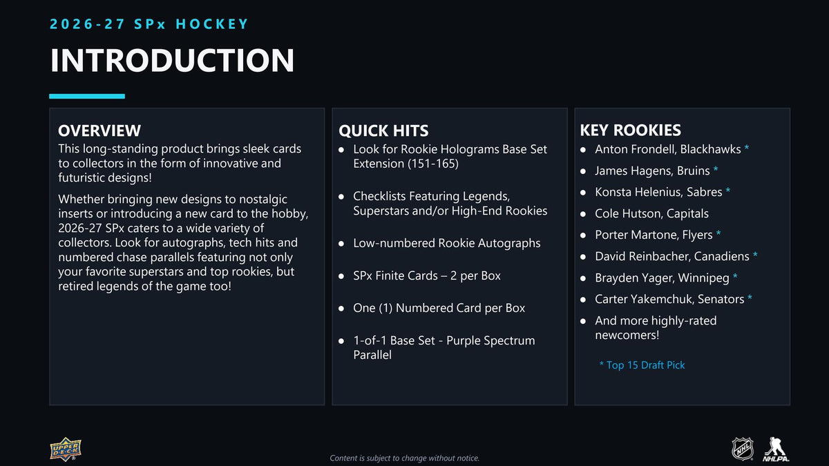 2026/27 Upper Deck SPx Hockey Hobby Box sell sheet 2