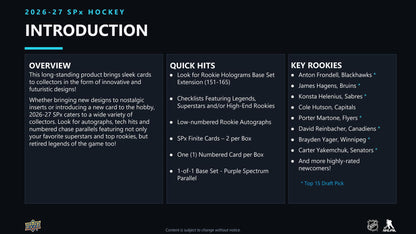 2026/27 Upper Deck SPx Hockey Hobby Box sell sheet 2