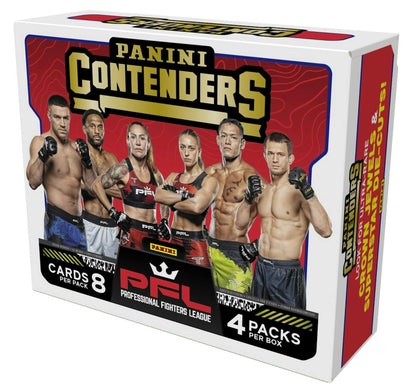 2026 Panini Contenders Professional Fighters League PFL Hobby Box featuring four autographs and premium MMA trading cards.
Back of the 2026 Panini Contenders PFL Hobby Box showing product details and box configuration.
2026 Panini Contenders PFL trading card hobby pack featuring Professional Fighters League stars.
2026 Panini Contenders PFL promotional sell sheet highlighting Championship Moments Signatures, Superstar Die-Cuts, Crown Jewels, and autograph cards.