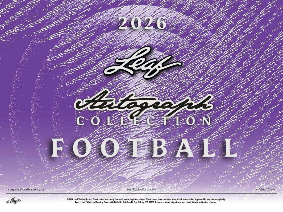2026 Leaf Autograph Collection Football Hobby Jumbo Box
2026 Leaf Autograph Collection Football Jumbo autograph cards
2026 Leaf Autograph Collection exclusive White Party autograph card
2026 Leaf Autograph Collection White Party Legends autograph card
2026 Leaf Autograph Collection Football multi-signature card
2026 Leaf Autograph Collection Combo Collection dual autograph card
2026 Leaf Autograph Collection Pixel Stretch autograph card
2026 Leaf Autograph Collection Freak of Nature autograph card
2026 Leaf