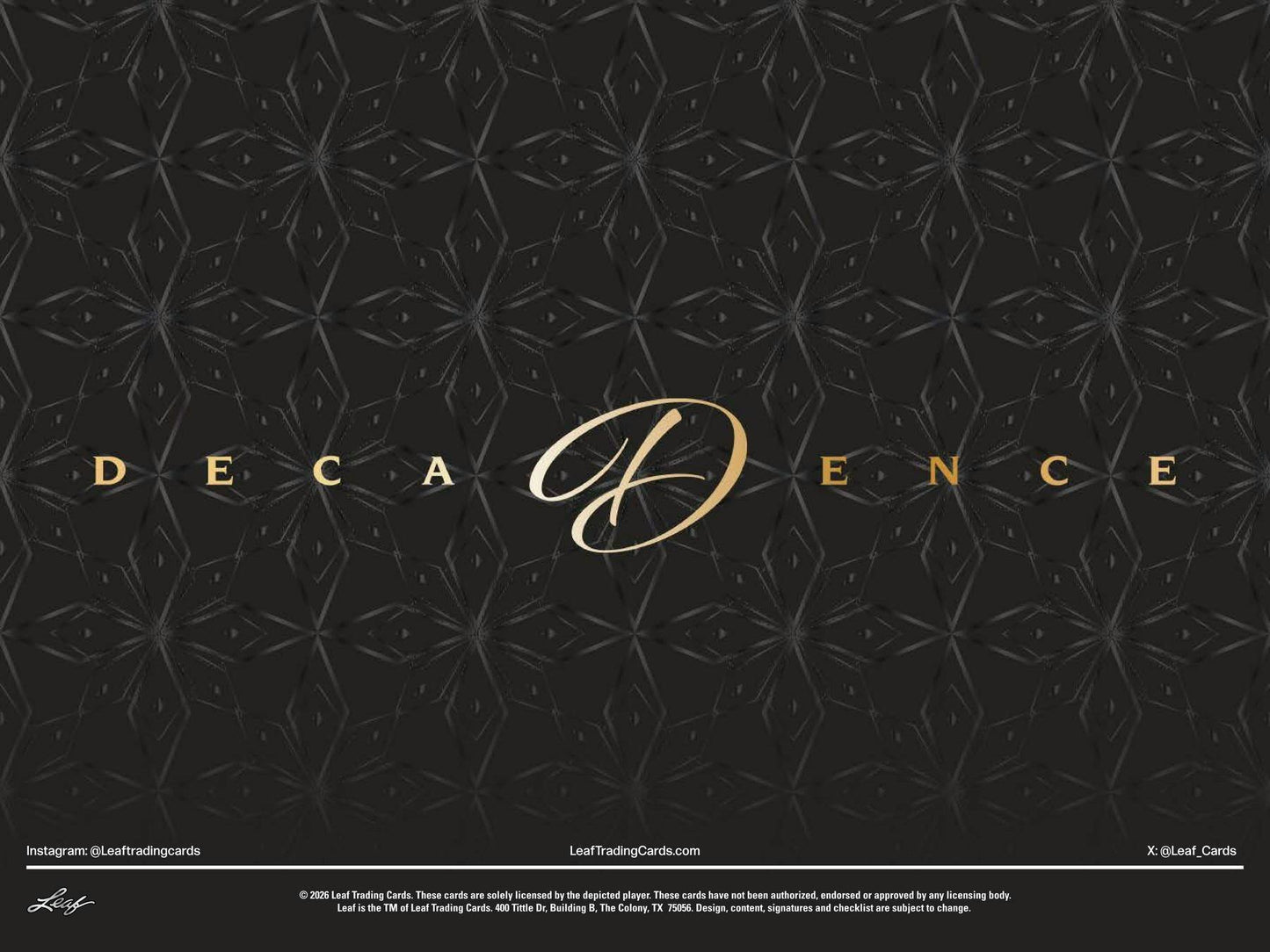 2026 Leaf Decadence Multisport Hobby Box sealed product.
Back of the 2026 Leaf Decadence Multisport Hobby Box featuring product information.
2026 Leaf Decadence Multisport premium trading cards.
2026 Leaf Decadence Multisport metal-framed autograph cards.