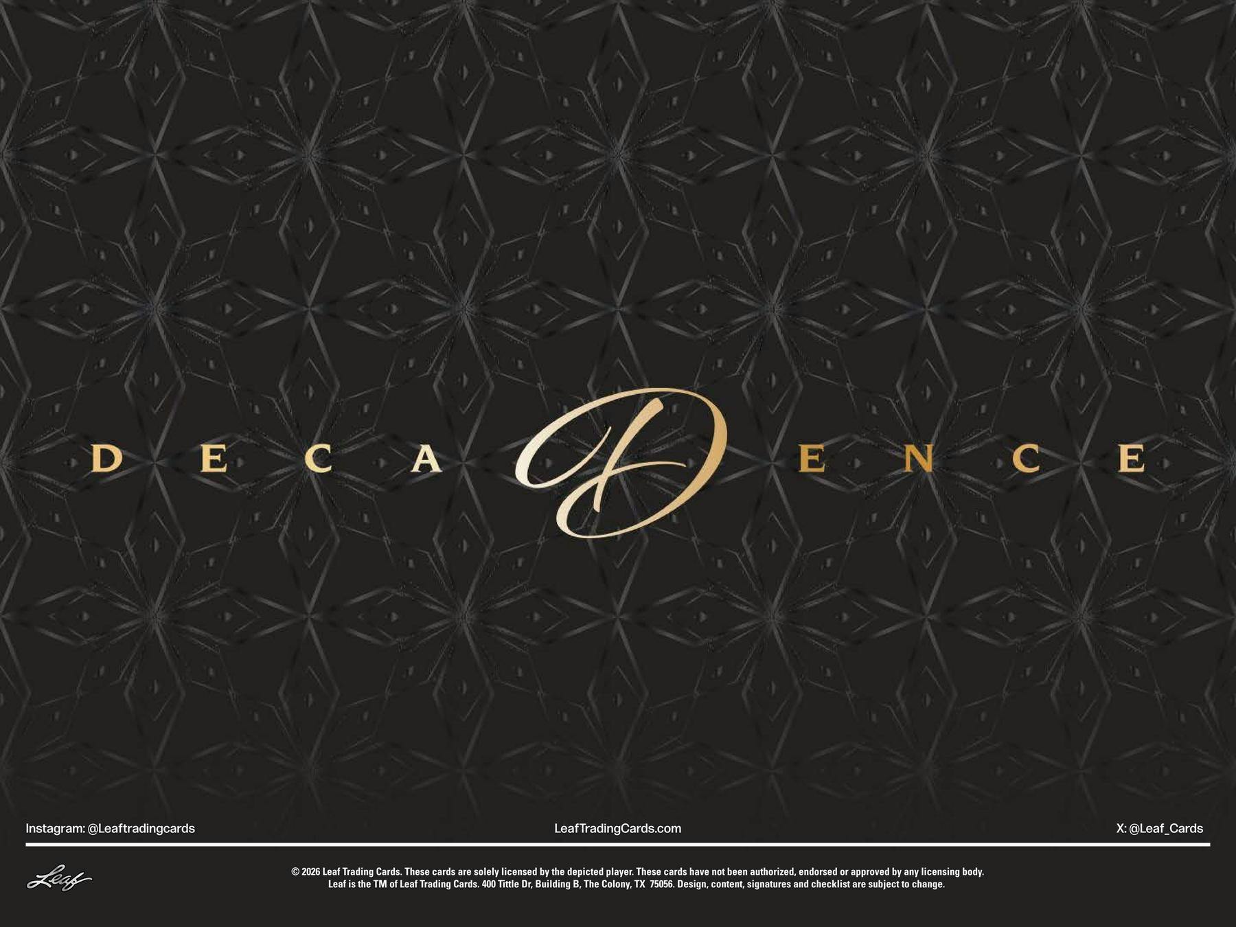 2026 Leaf Decadence Multisport Hobby Box sealed product.
Back of the 2026 Leaf Decadence Multisport Hobby Box featuring product information.
2026 Leaf Decadence Multisport premium trading cards.
2026 Leaf Decadence Multisport metal-framed autograph cards.