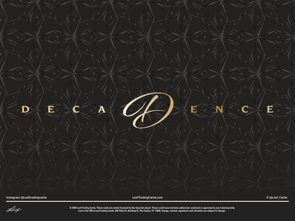 2026 Leaf Decadence Multisport Hobby Box sealed product.
Back of the 2026 Leaf Decadence Multisport Hobby Box featuring product information.
2026 Leaf Decadence Multisport premium trading cards.
2026 Leaf Decadence Multisport metal-framed autograph cards.