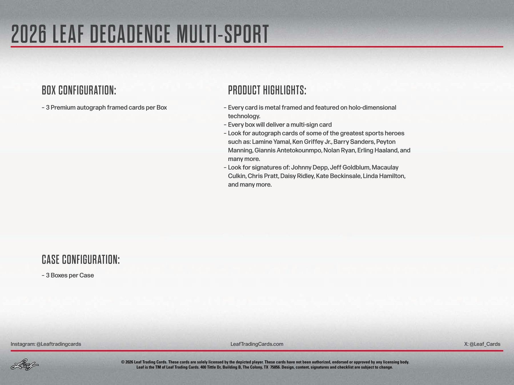 2026 Leaf Decadence Multisport Hobby Box | Columbia Sports Cards | Columbia Hobby - Sports Card Boxes - Toploaders - Card Savers.