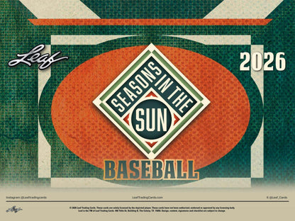 2026 Leaf Seasons in the Sun Baseball Hobby Box featuring four premium autograph or memorabilia cards.
Back of the 2026 Leaf Seasons in the Sun Baseball Hobby Box showing product details and configuration.
2026 Leaf Seasons in the Sun Baseball cards featuring legendary autographs, prospects, and game-used memorabilia.
2026 Leaf Seasons in the Sun Baseball sell sheet highlighting Souvenir Cuts, Nameplate Autograph Relics, multi-signature cards, and premium booklets.