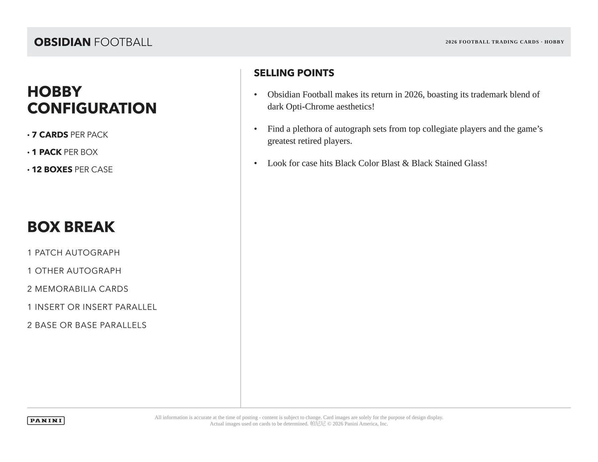 2026 Panini Obsidian Football Hobby Box sell sheet 5