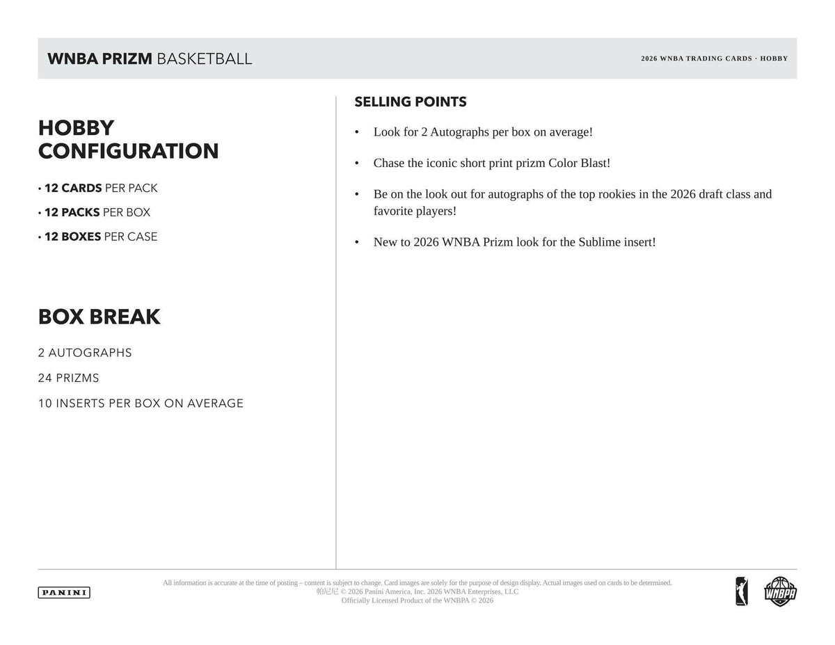 2026 Panini Prizm WNBA Basketball Hobby Box configuration and box break - 2 autographs, 24 Prizms, 10 inserts