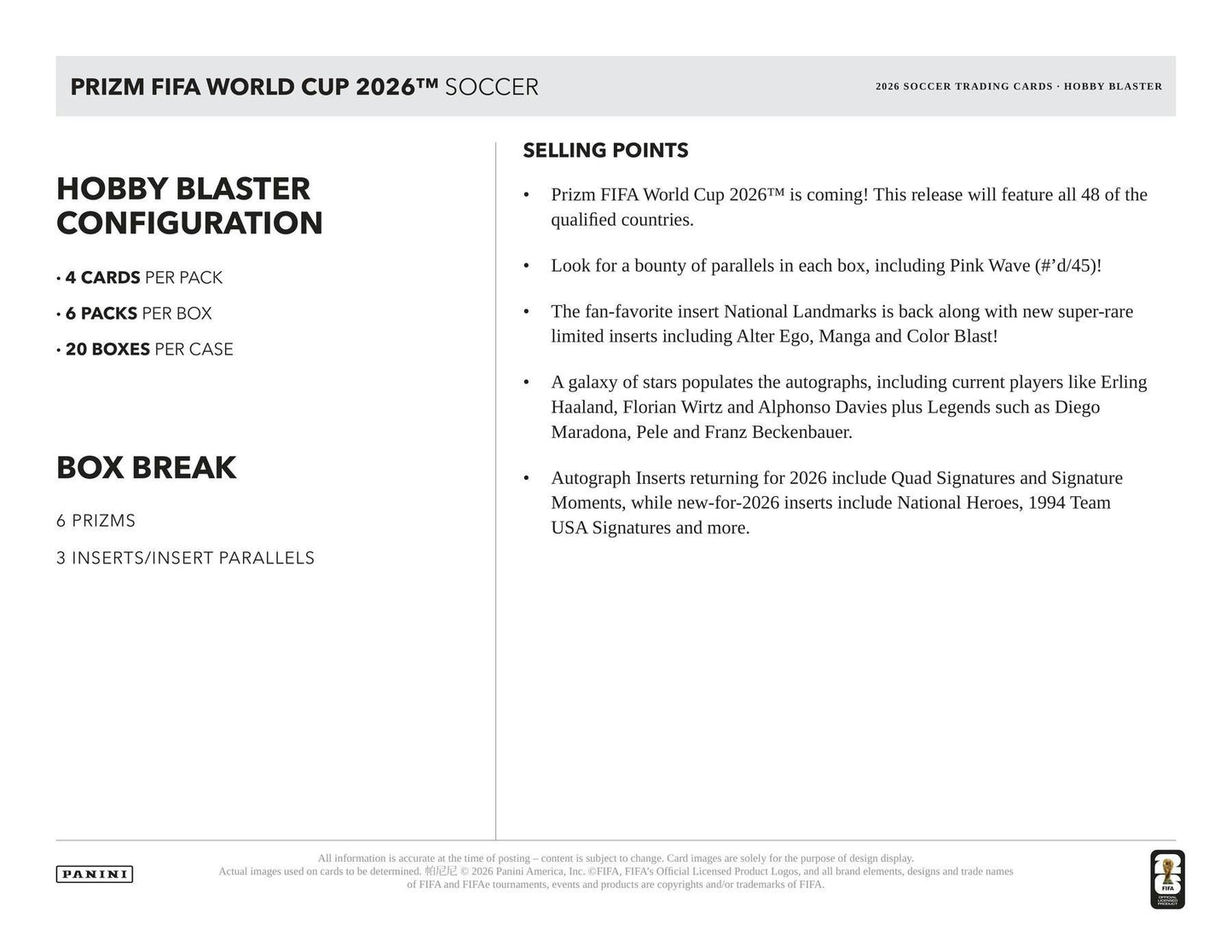 2026 Panini Prizm FIFA World Cup Soccer Blaster Hobby Box | Columbia Sports Cards | Columbia Hobby - Sports Card Boxes - Toploaders - Card Savers.