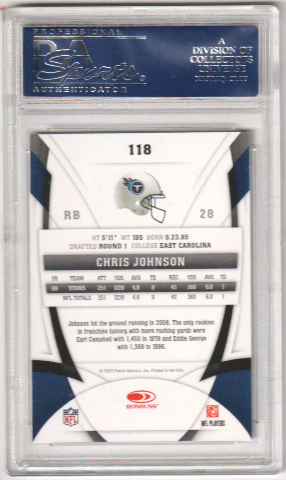 CHRIS JOHNSON 2009 Donruss Certified #118 PSA 10 GEM MINT - TITANS Pop 2
