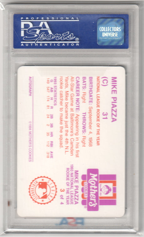 MIKE PIAZZA 1994 Mother's Cookies Rookie RC #3 Dugout Pose PSA 10 - GEM MINT