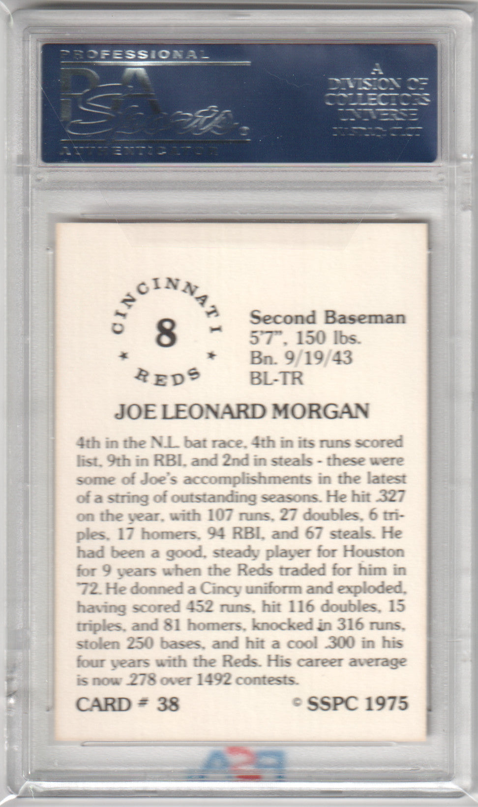 JOE MORGAN 1975 SSPC #38 PSA 9 MINT - REDS