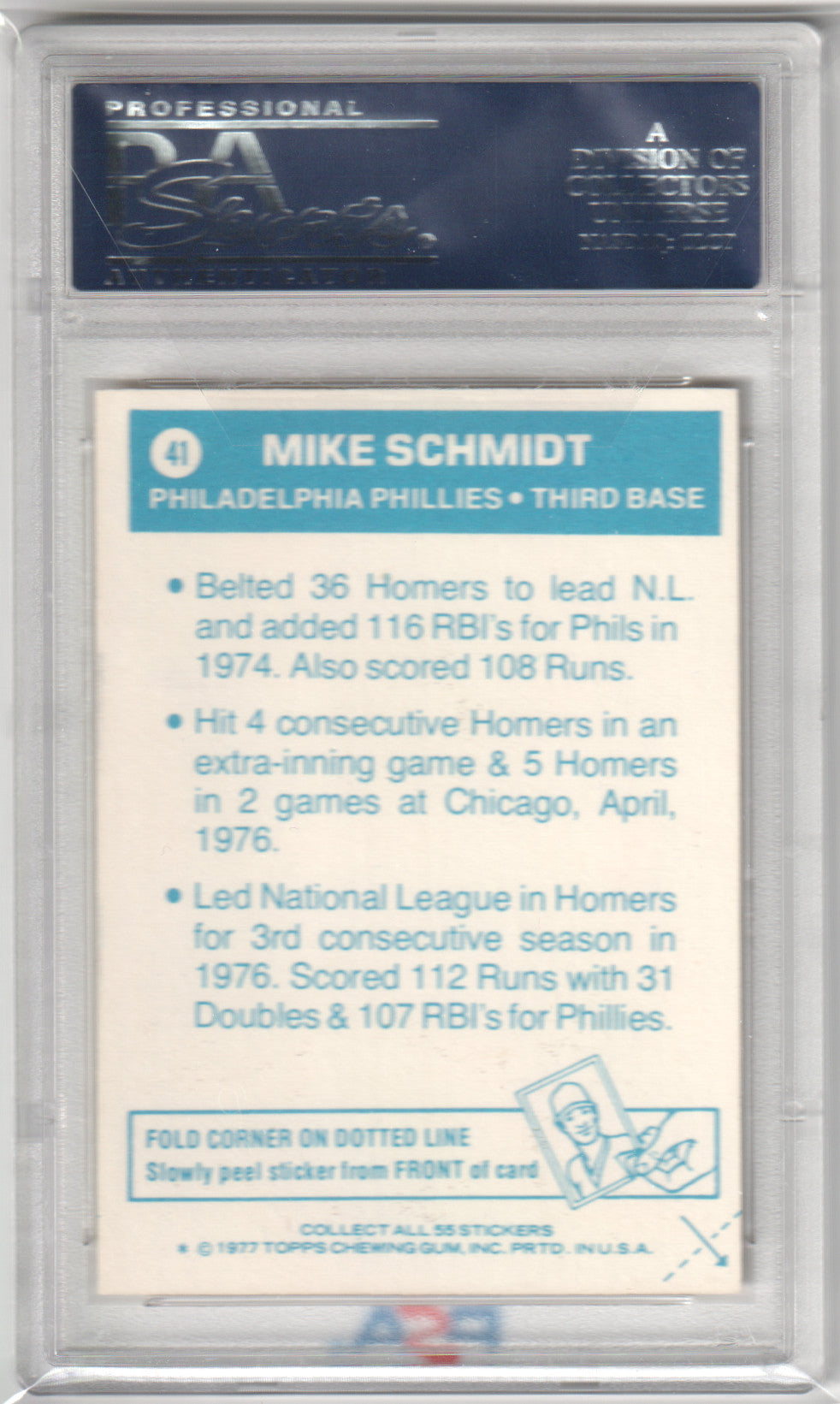 MIKE SCHMIDT 1977 Topps Cloth Stickers #41 PSA 8 NM - PHILLIES