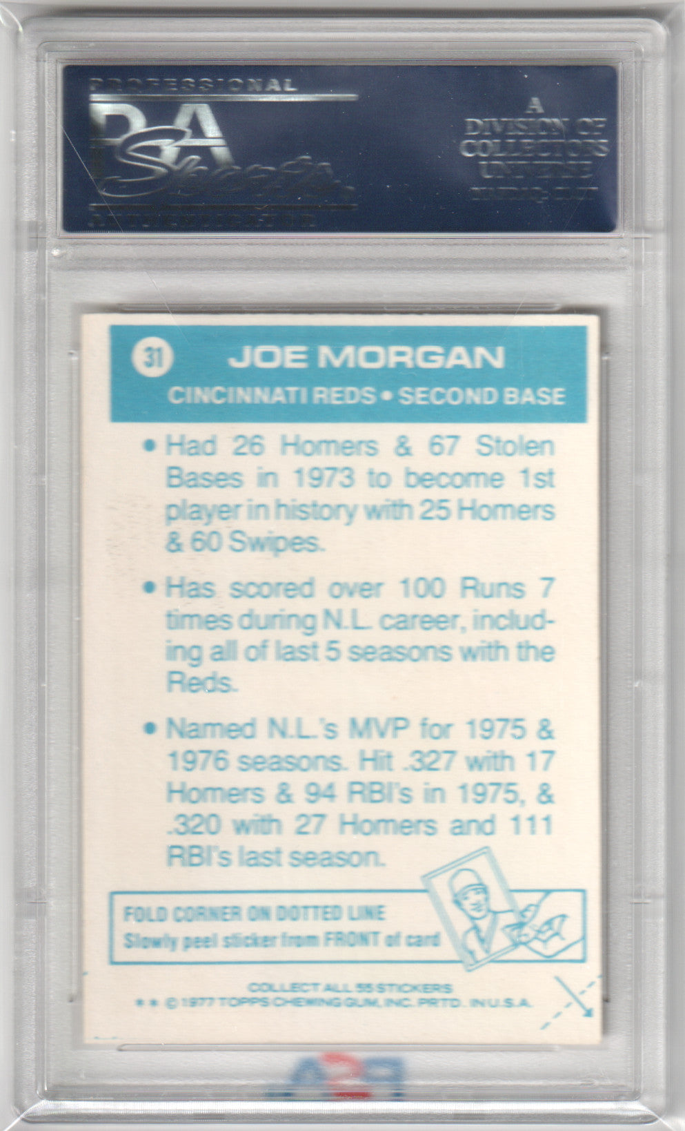 JOE MORGAN 1977 Topps Cloth Stickers #31 PSA 8 NM - REDS