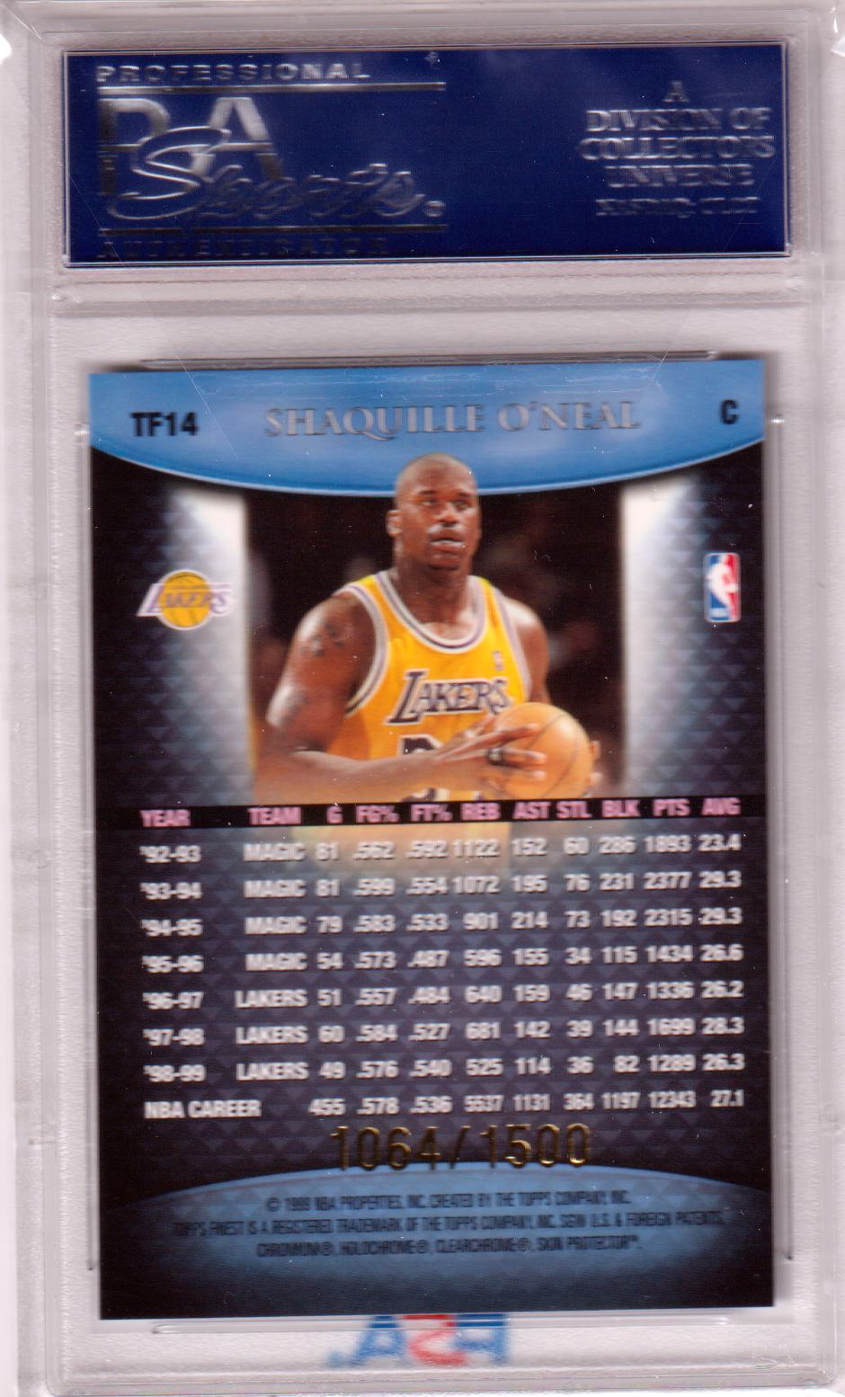 SHAQUILLE O'NEAL 1999 Finest Team Blue /1500 #TF14 Blue PSA 10 GEM MINT POP 5