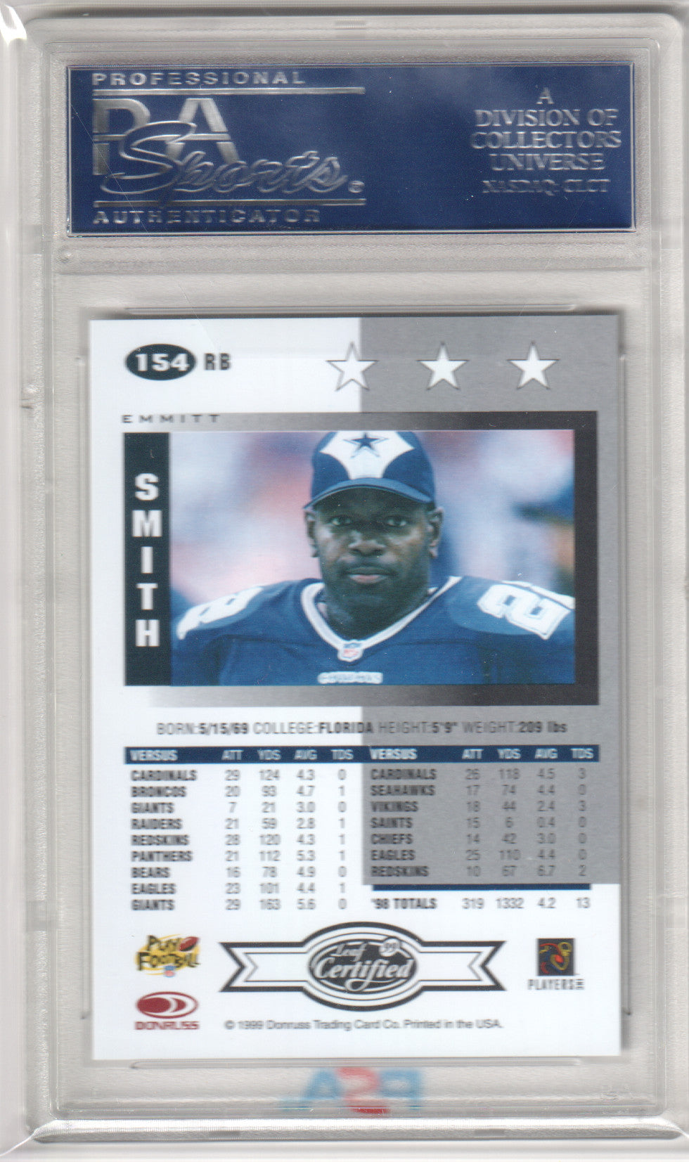 EMMITT SMITH 1999 Leaf Certified #154 3 Star PSA 10 GEM MINT - COWBOYS Pop 4