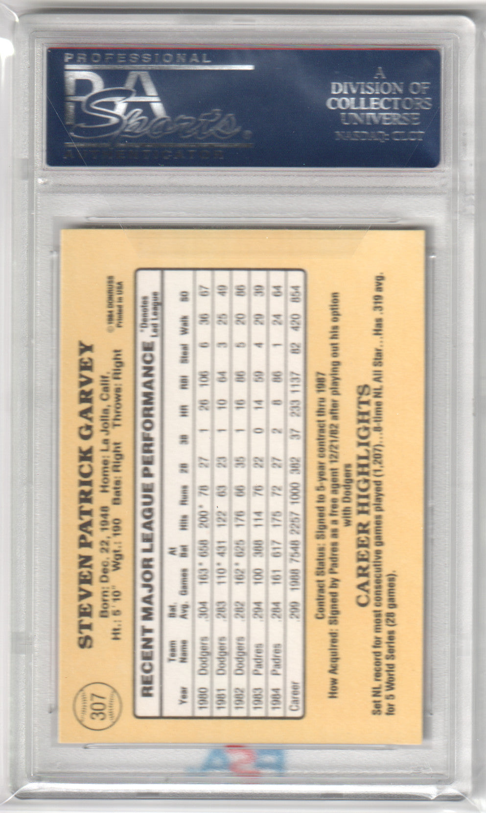 Steve Garvey 1985 Donruss #307 PSA 10 GEM MINT - PADRES