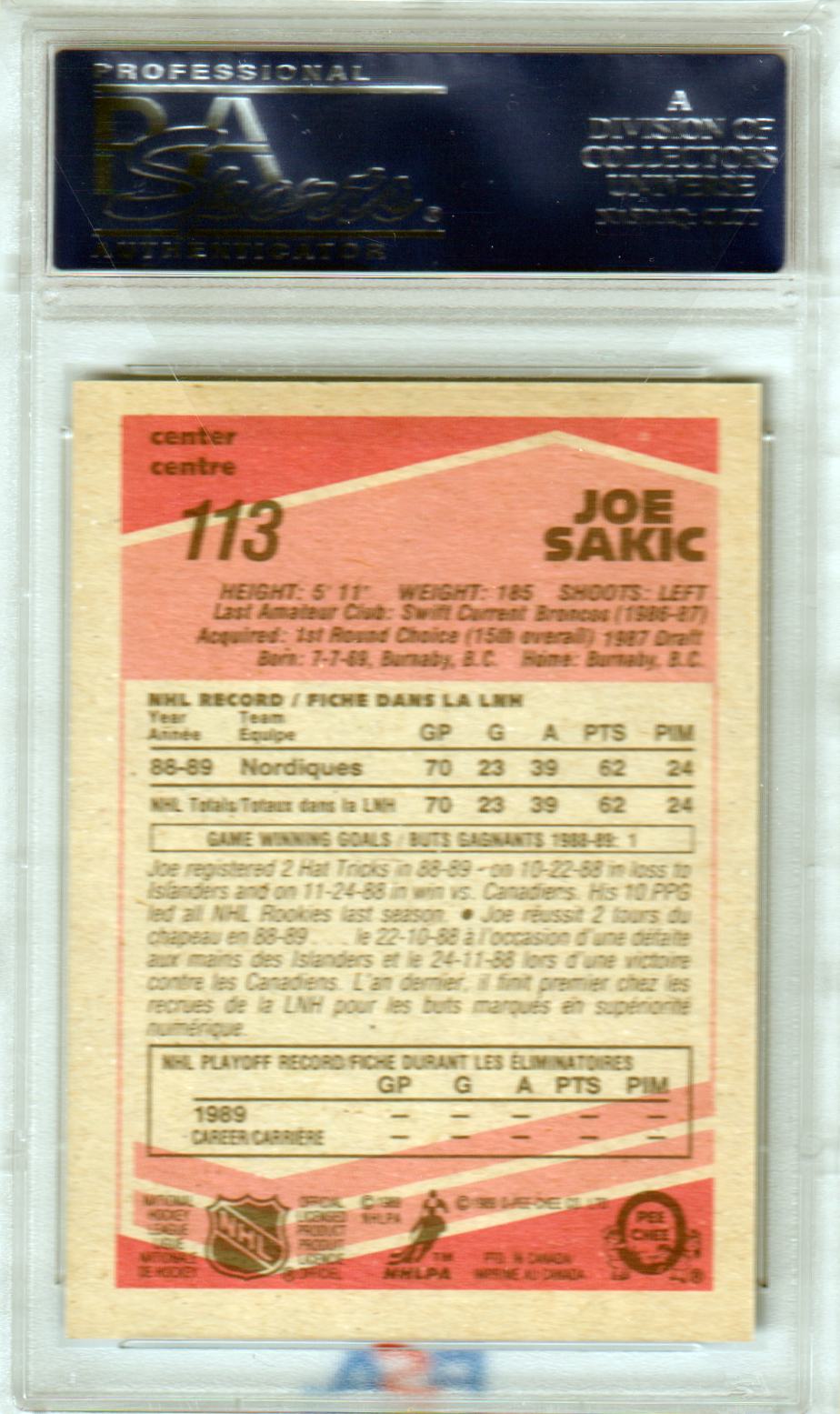 JOE SAKIC 1989-90 O-Pee-Chee #113 PSA 9 MINT - NORDIQUES