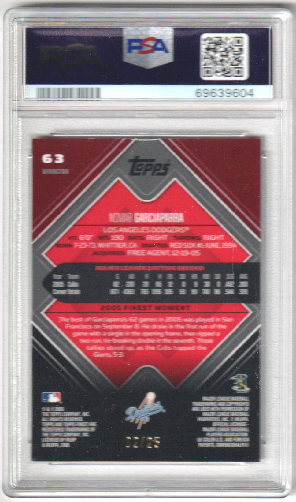 NOMAR GARCIAPARRA 2006 Topps Finest Black Xfractor #/25 PSA 9 MINT Pop 1
