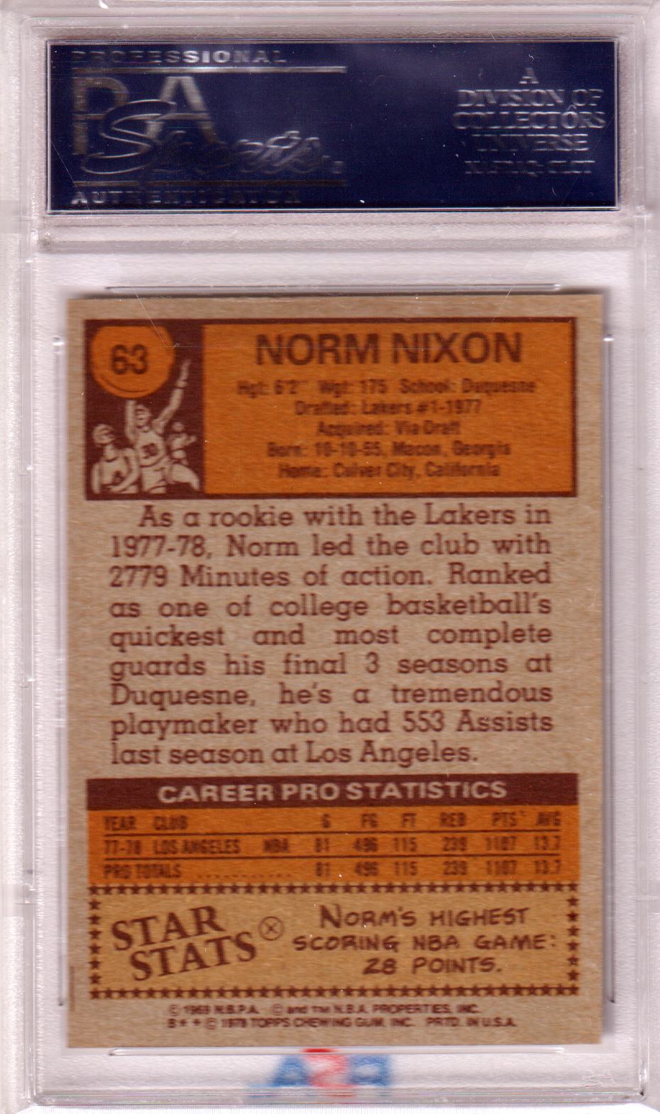 NORM NIXON 1978-79 Topps RC Rookie #63 PSA 9 MINT - LAKERS POP 31