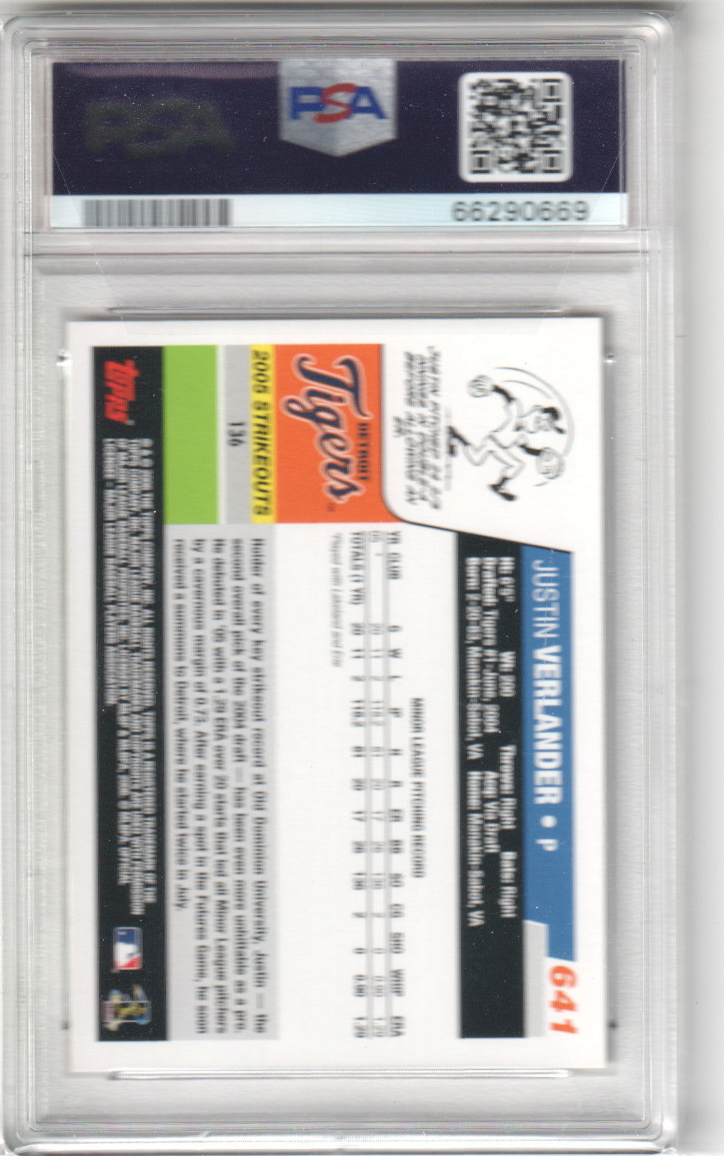 JUSTIN VERLANDER 2006 Topps RC Rookie #641 PSA 9 MINT - TIGERS GIANTS