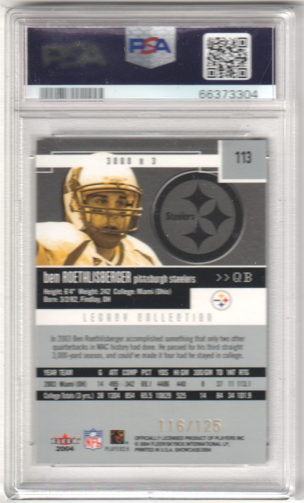 BEN ROETHLISBERGER 2004 Fleer Showcase RC Rookie #/125 Legacy Collection PSA 9