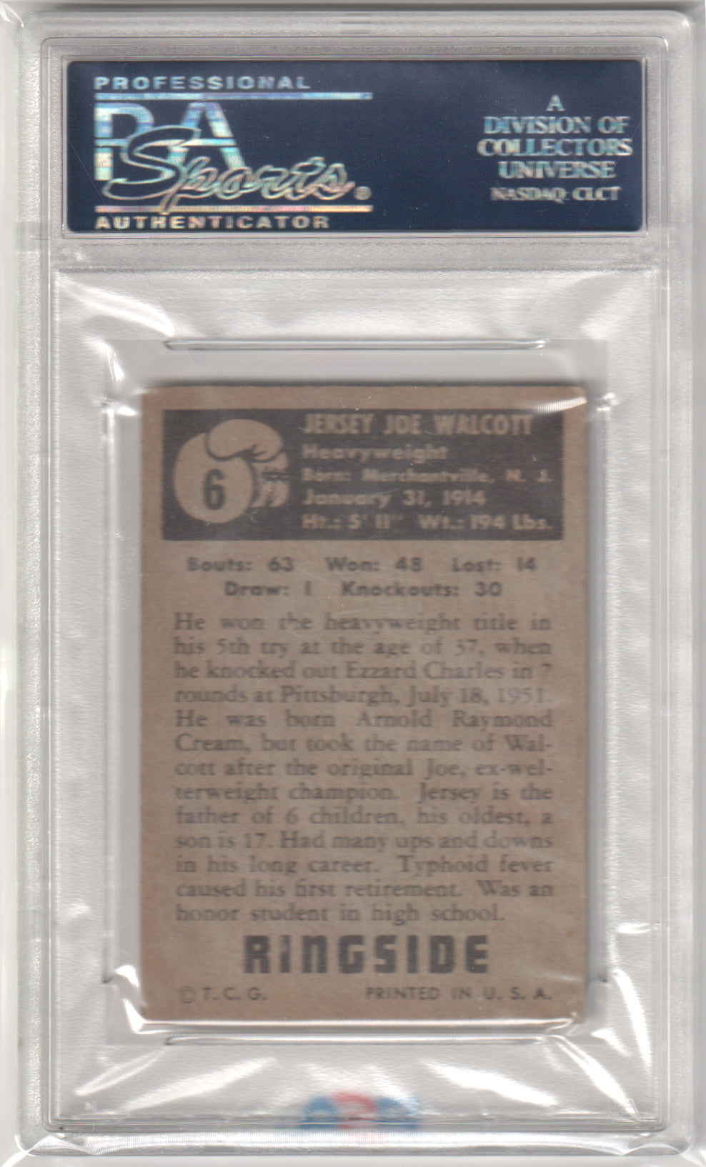 JERSEY JOE WALCOTT 1951 Topps Ringside #6 PSA 4 VG-EX