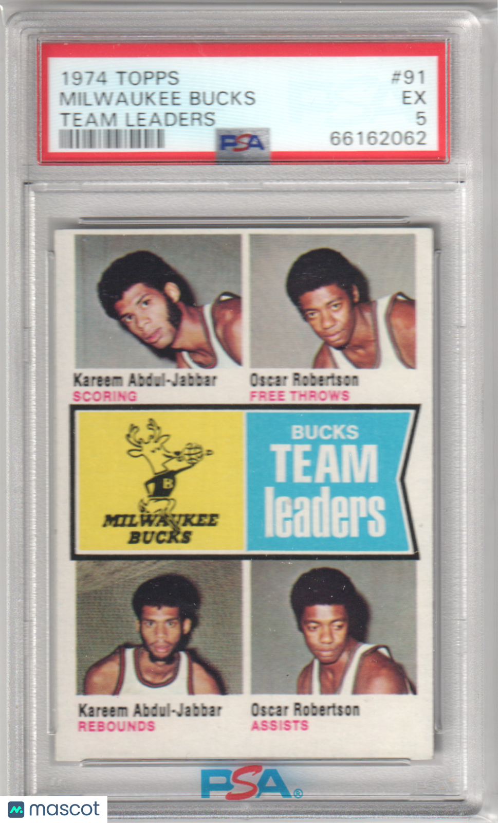 Milwaukee Bucks 1974-75 Topps #91 Robertson Jabbar Team Leaders PSA 5 EX