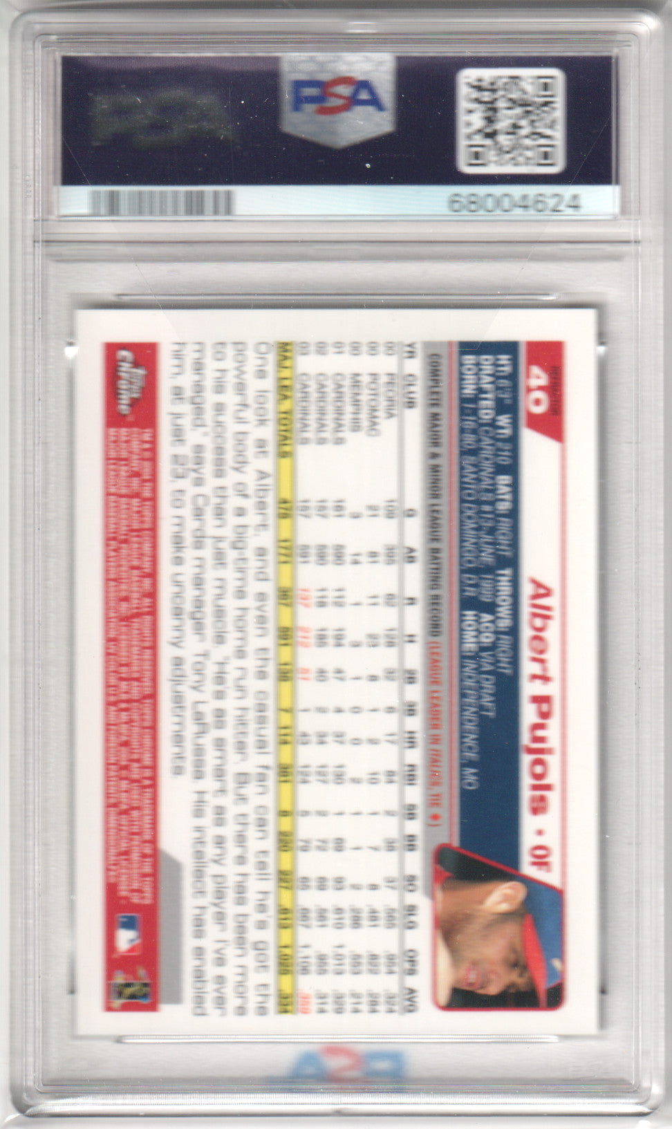 ALBERT PUJOLS 2004 Topps Chrome #40 Refractor PSA 9 MINT - CARDINALS Pop 7