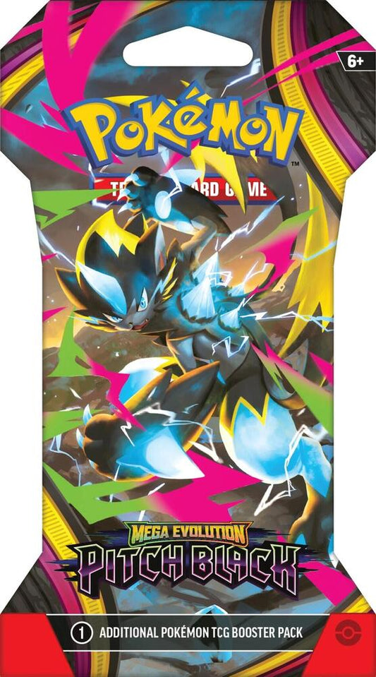 Pokémon TCG Mega Evolution Pitch Black Sleeved Booster Pack featuring Mega Darkrai ex artwork.
Back of the Pokémon TCG Mega Evolution Pitch Black Sleeved Booster Pack showing product information.
Pokémon TCG Mega Evolution Pitch Black booster pack containing 10 random cards.
Pokémon TCG Mega Evolution Pitch Black expansion pack artwork featuring Mega Evolution Pokémon.