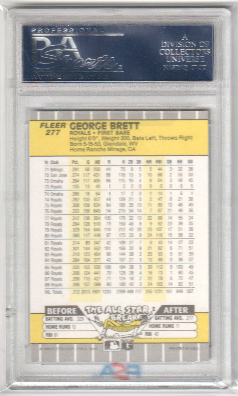 GEORGE BRETT 1989 Fleer #277 PSA 10 GEM MINT - ROYALS
