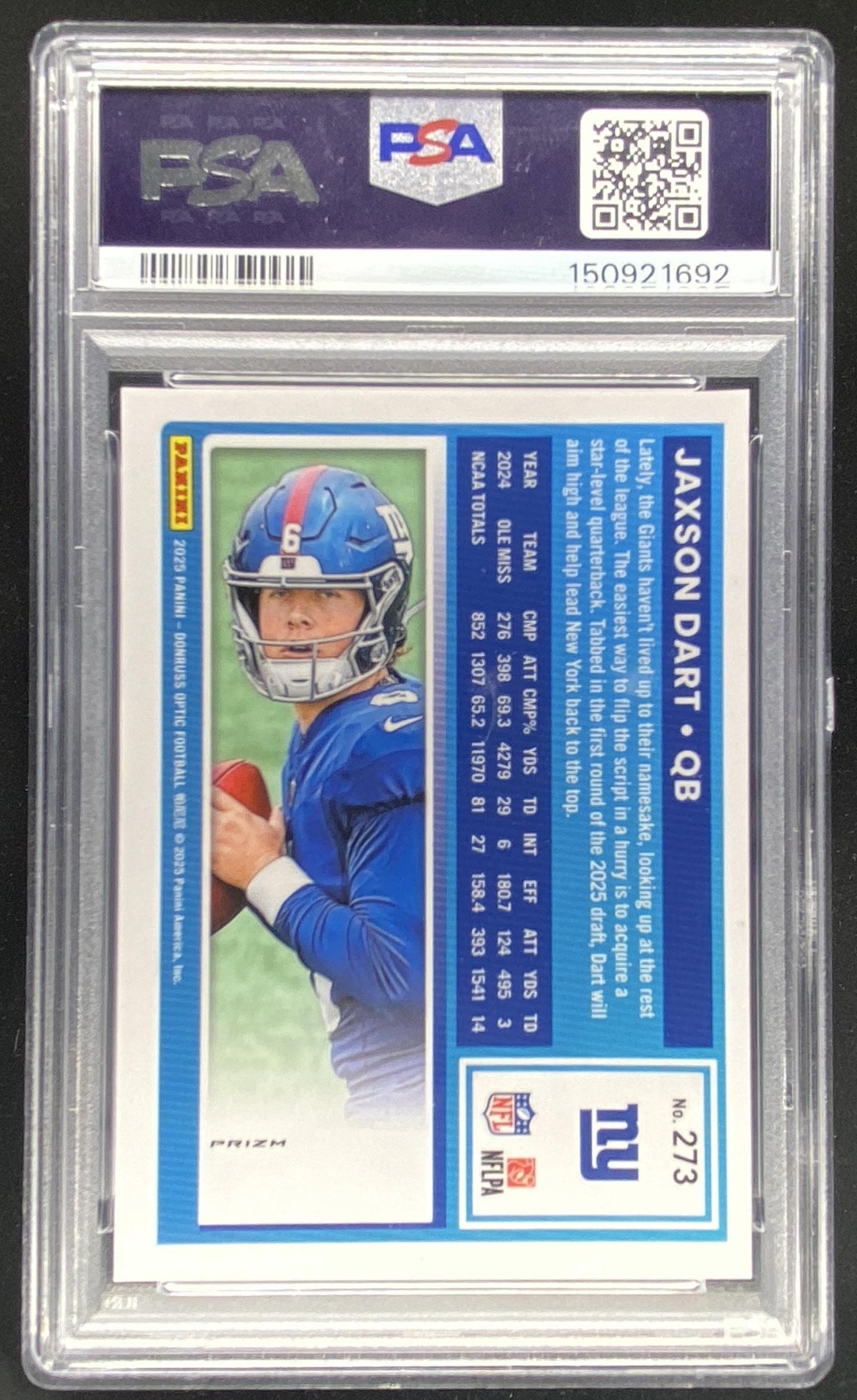 2025 Panini Donruss Optic Jaxson Dart #273 graded PSA 10 trading card