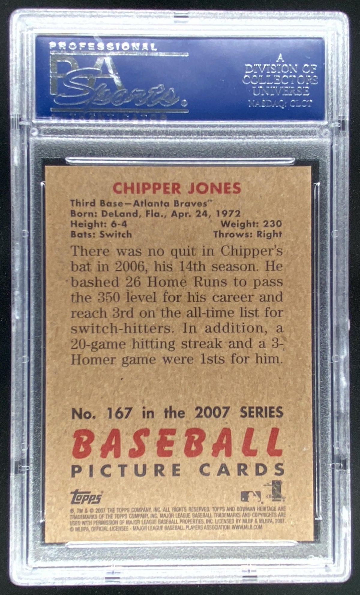 2007 Bowman Heritage Chipper Jones #167 graded PSA 10 trading card