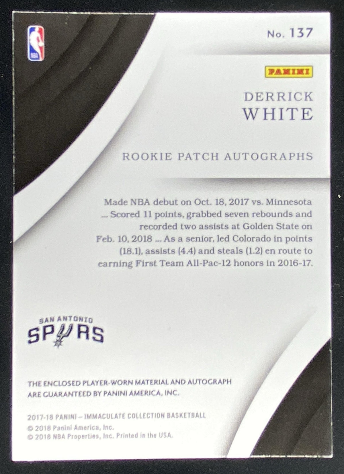 2017 Panini Immaculate Collection Derrick White #137 trading card