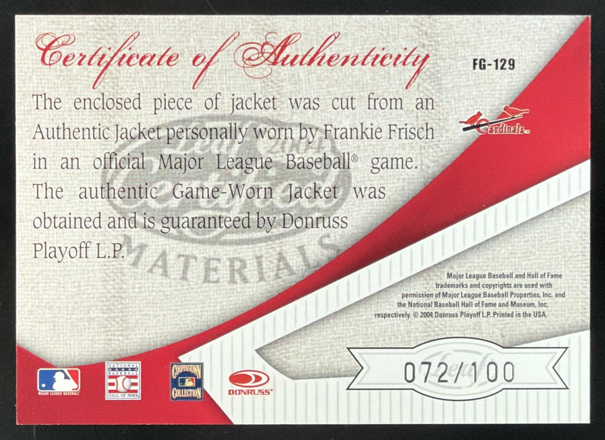 2004 Leaf Certified Materials Fabric of the Game Frankie Frisch Jersey /100