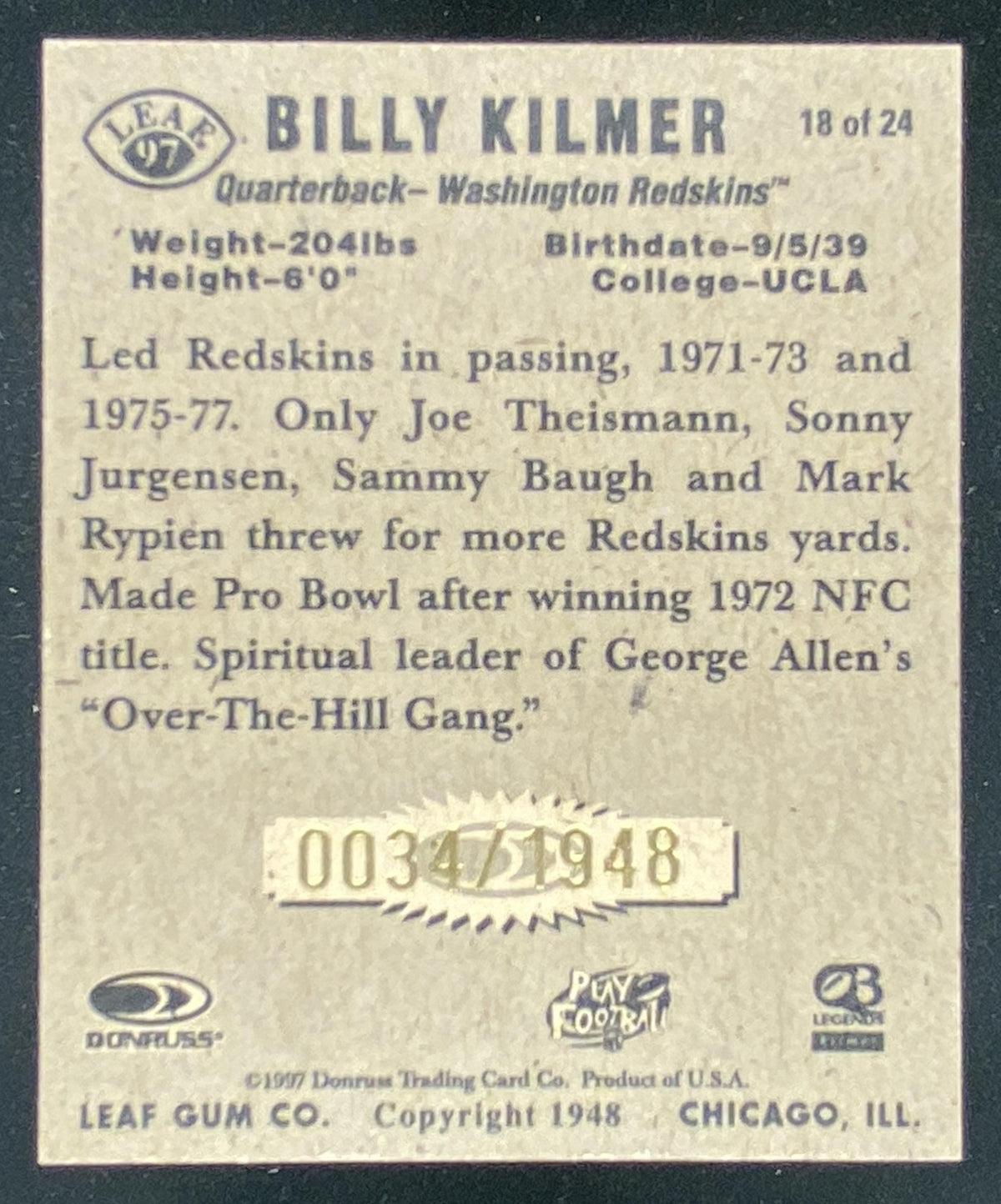 1997 Leaf Billy Kilmer #18 trading card