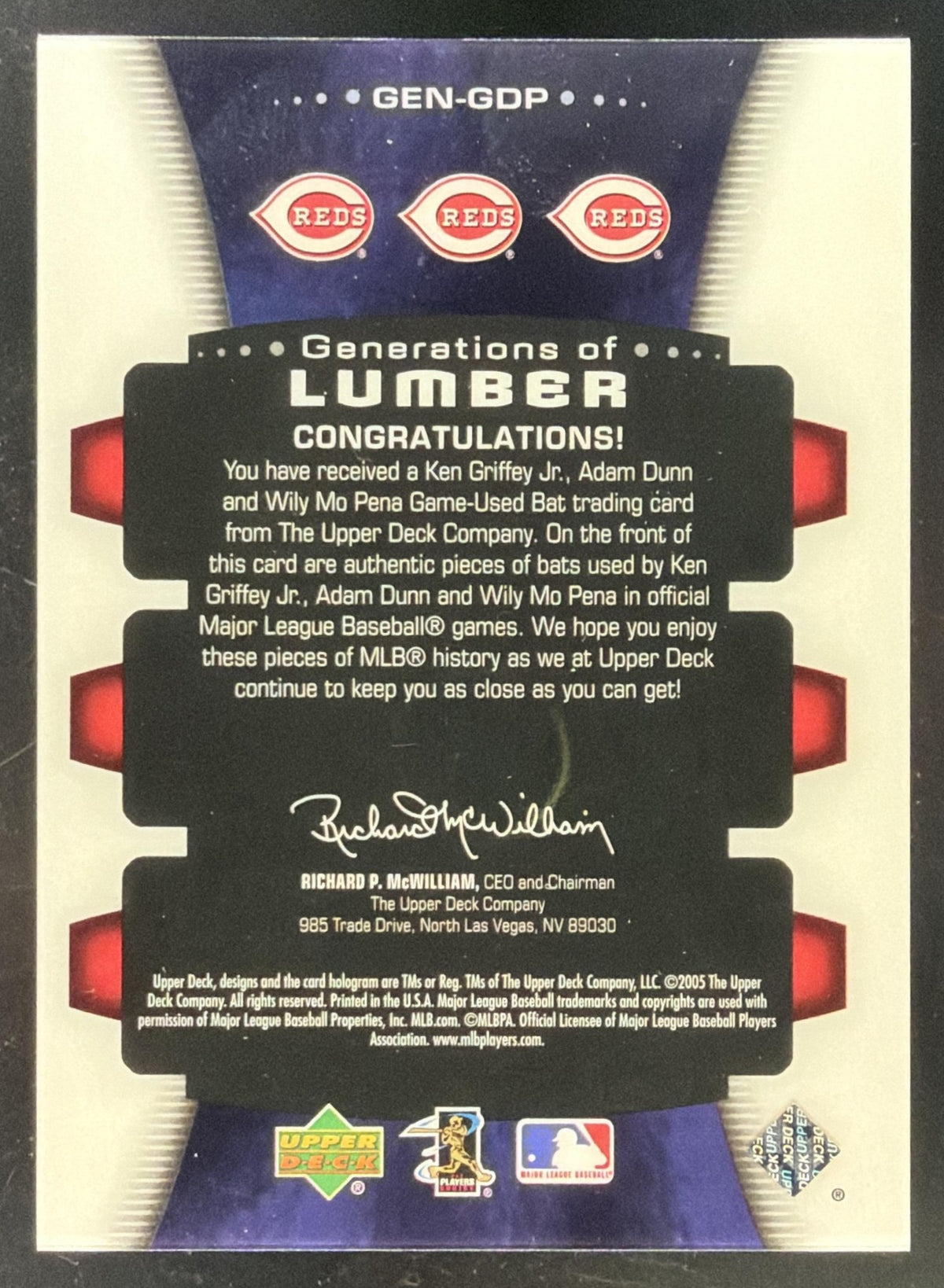 2005 UD Trilogy Generations of Lumber Griffey Jr. / Dunn / Pena Triple Bat /85