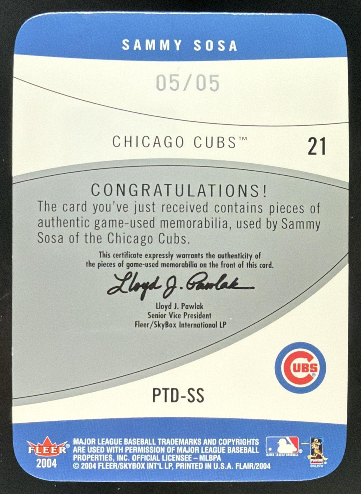 2004 Flair Power Tools Die Cut Sammy Sosa Jersey Bat /5
