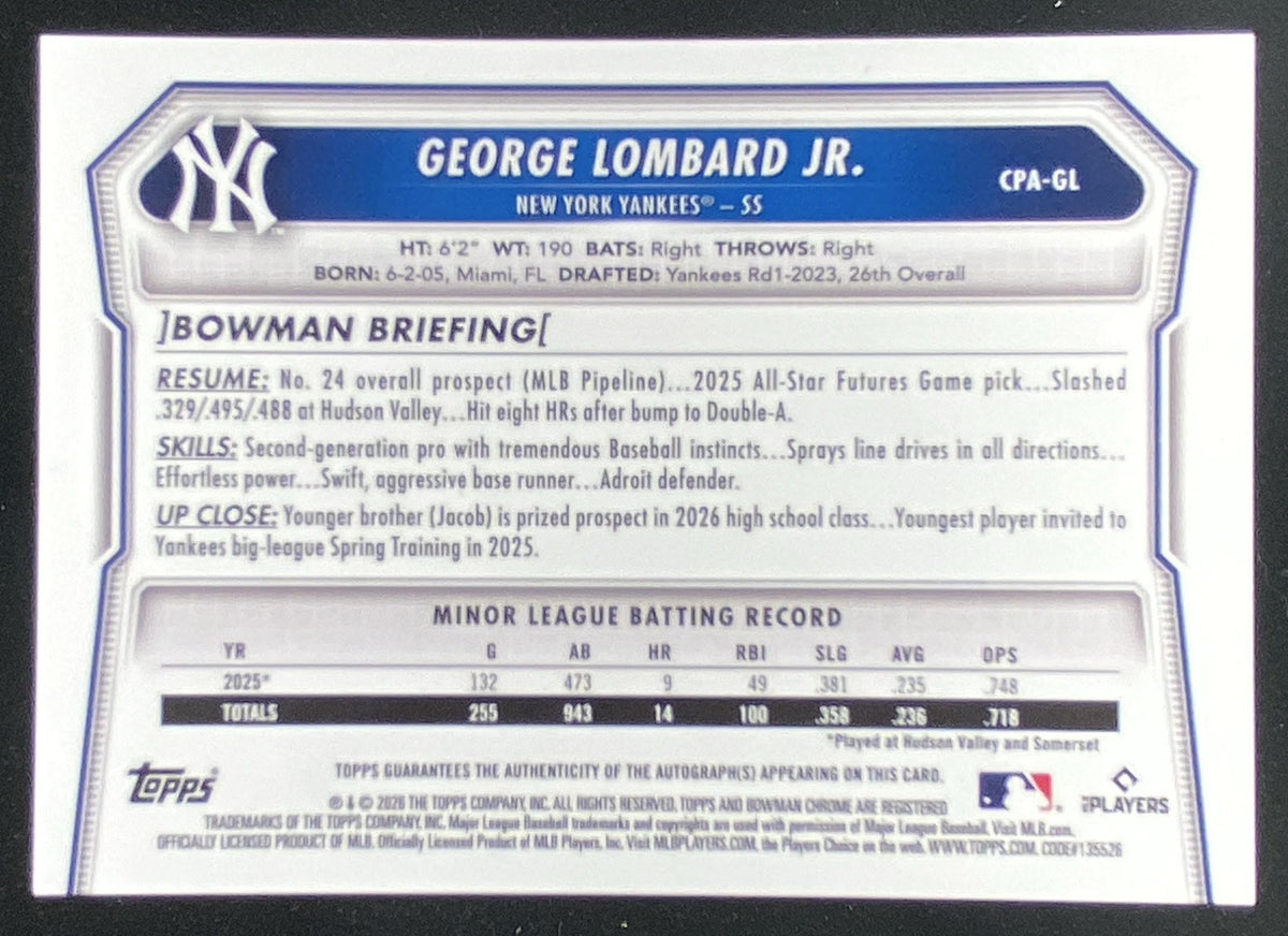 2026 Bowman George Lombard Jr. #CPA-GL trading card