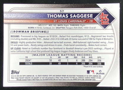 2025 Bowman Chrome Thomas Saggese #57 trading card