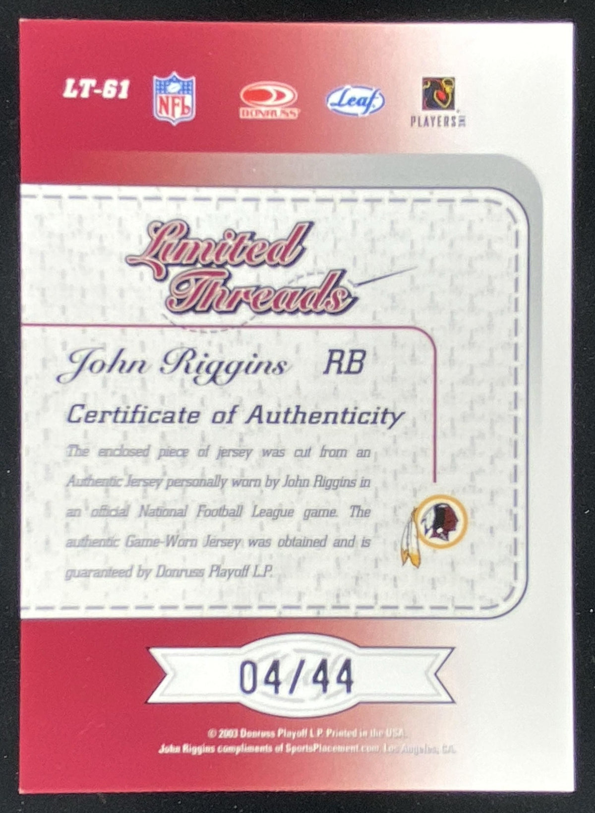 2003 Leaf Limited John Riggins #LT-61 trading card