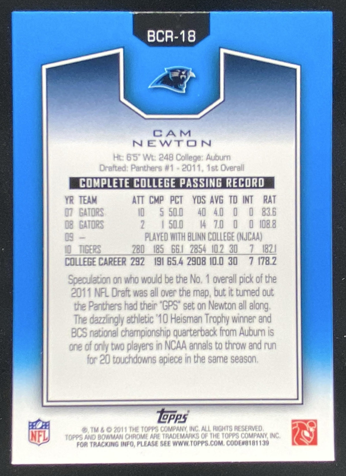 2011 Bowman Chrome Cam Newton #BCR-18 trading card
