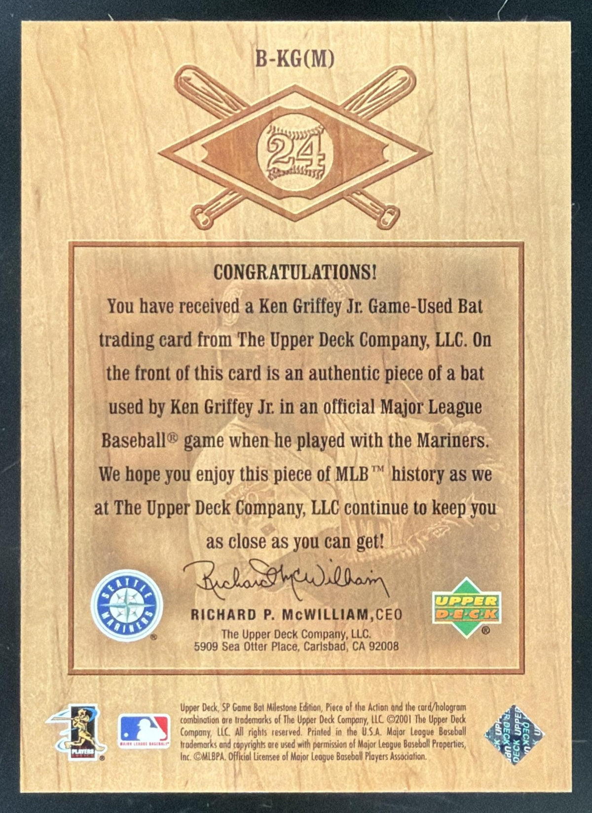 2001 SP Game Bat Milestone Piece of the Action Ken Griffey Jr. Bat