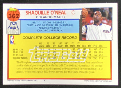 1992 Topps Shaquille O'Neal #362 trading card