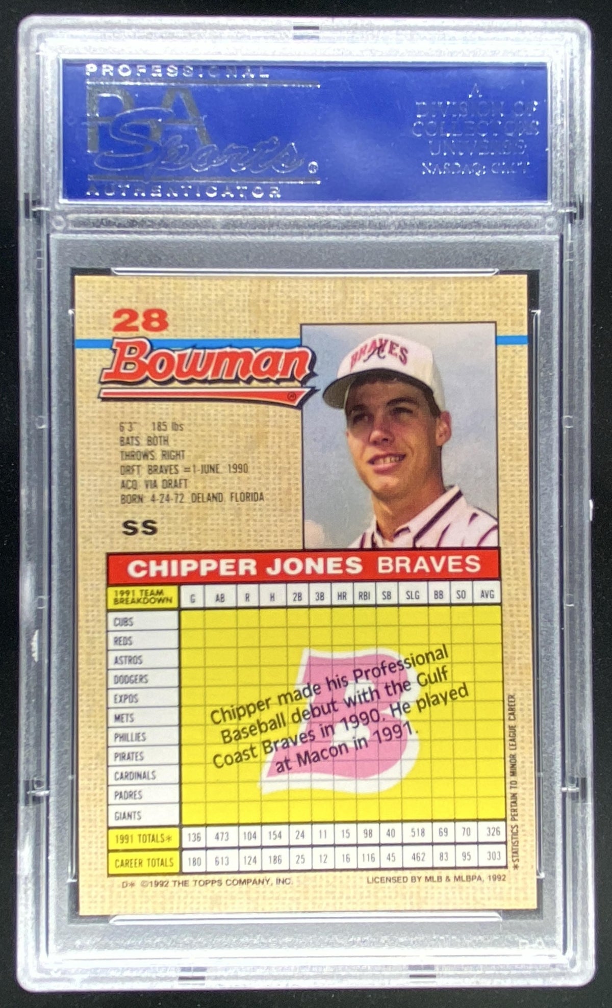1992 Bowman Chipper Jones #28 graded PSA 10 trading card
