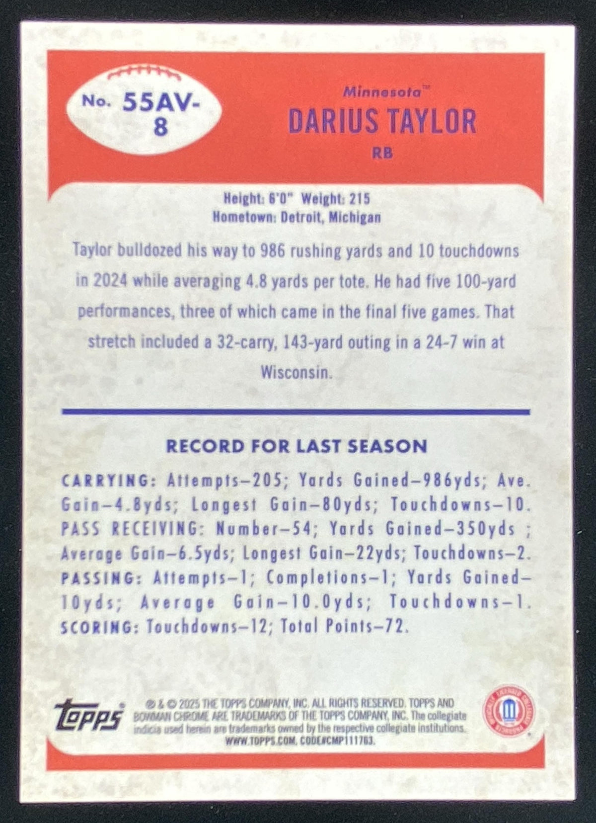 2025 Bowman Chrome University Darius Taylor trading card