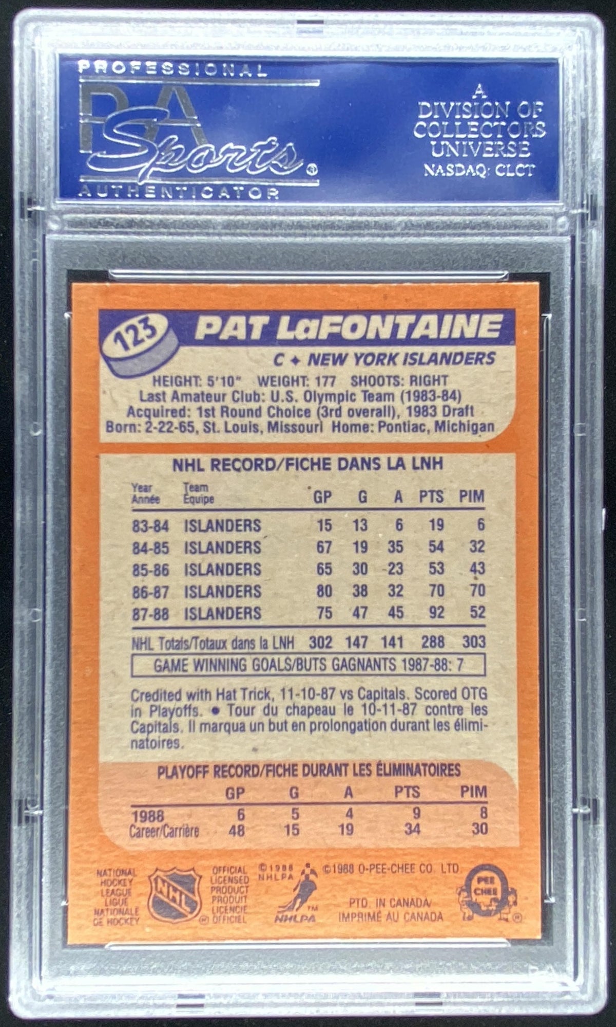 1988 O-Pee-Chee Pat LaFontaine #123 graded PSA 9 trading card