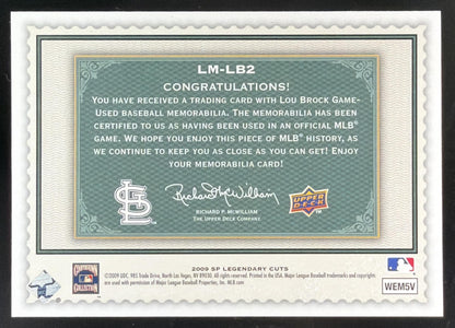 2009 SP Legendary Cuts Lou Brock Jersey /125