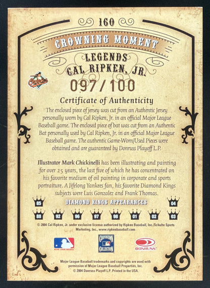 2004 Diamond Kings Bronze Legends Cal Ripken Jr. Jersey Bat /100