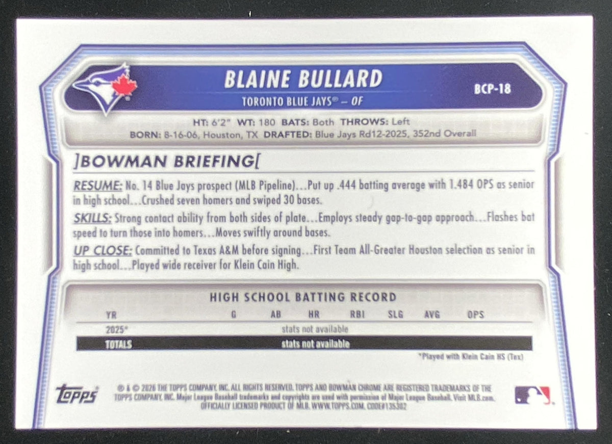 2026 Bowman Blaine Bullard #BCP-18 trading card