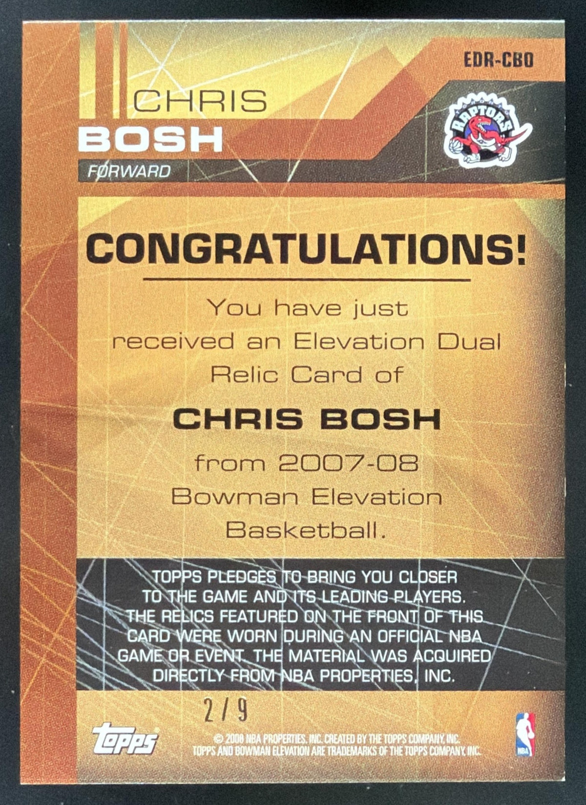 2007 Bowman Elevation Relics Gold Chris Bosh Dual Jersey /9